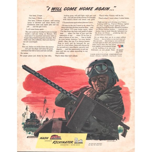 1944 Nash Kelvinator Vintage Print Ad WW2 Soldier Pacific Tank Gun Militaria Art - Picture 1 of 1